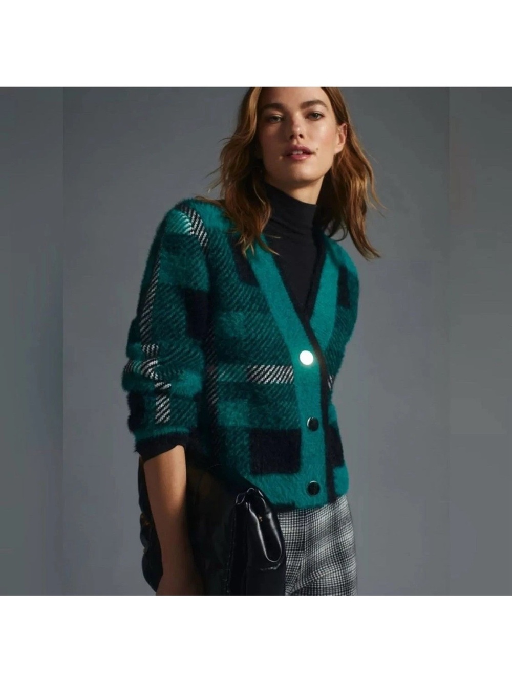 English Factory Plaid Cardigan Green Black Sweater Size Medium